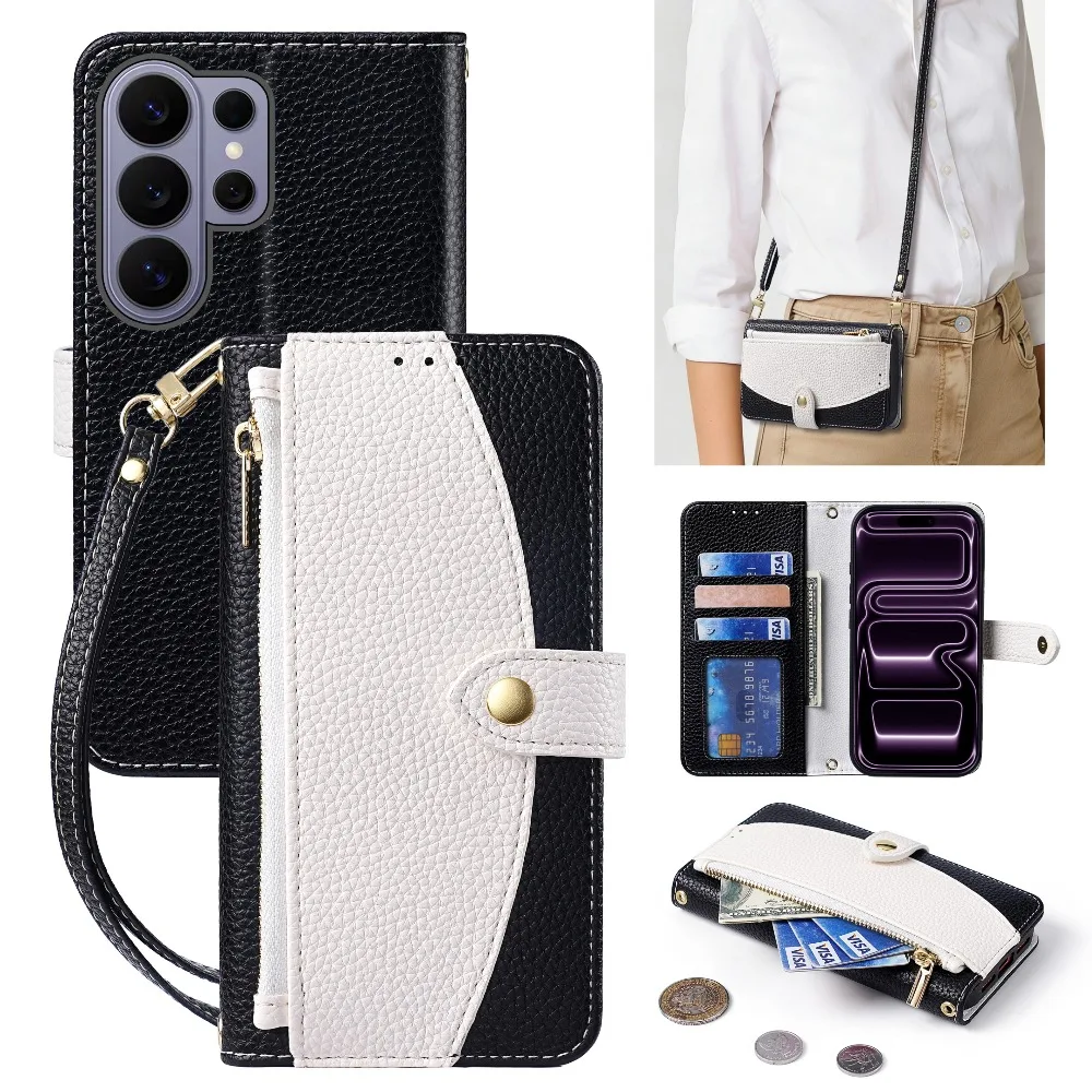 

Two-color Crossbody Wrist Strap Zipper Bag Soft Phone Case for Samsung S26 Plus S25 Ultra S24 FE S23 Flip Card Insertion Holder