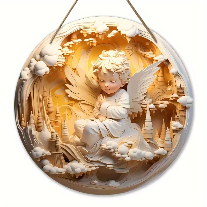 1pc, 2D Nativity Angel Wings Castle Baptism Hope Wooden 20cm/7.87inch Round-shaped Hanging Wall or Door Decor, Thanksgiving