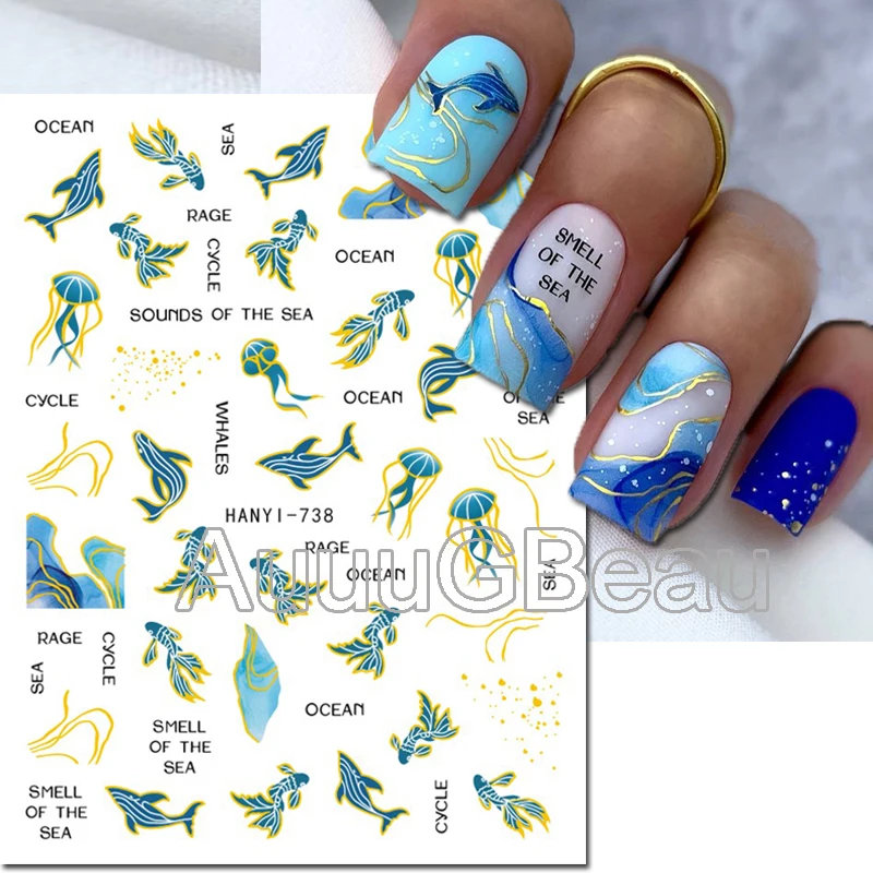 3D Nail Art Aufkleber blühen raucht goldene Linien Wellen blau mables Französisch Tipps selbst klebende Schieber Aufkleber für Nagel maniküre