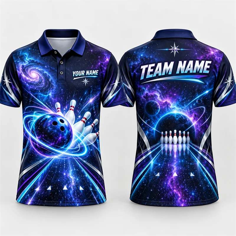 Personalized Bowling Polo Shirt Custom Name Team Name Strike Print Short Sleeve Jersey League Tournament Sports Uniform Top