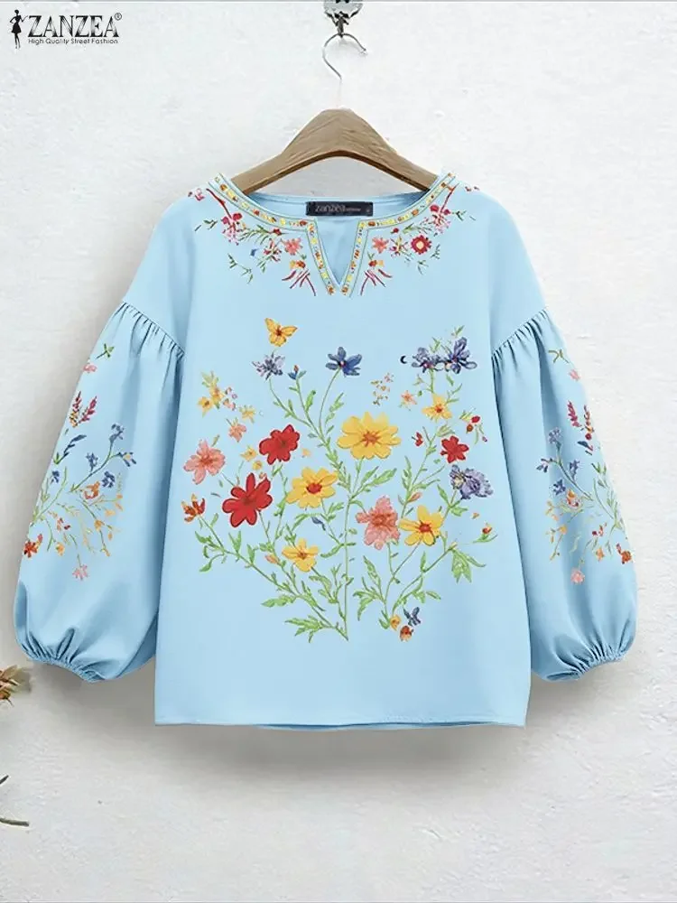

ZANZEA Vintage Floral Print Blouse Women Sexy V-Neck Lantern Sleeve Casual Tops Shirts Fashion 3/4 Sleeve Loose Elegant Blusas