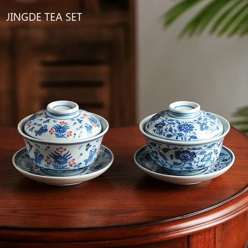 Jingdezhen porcelana azul e branca gaiwan xícara de chá de cerâmica artesanal tigela de chá de viagem aparelho de chá chinês copo pessoal 200ml