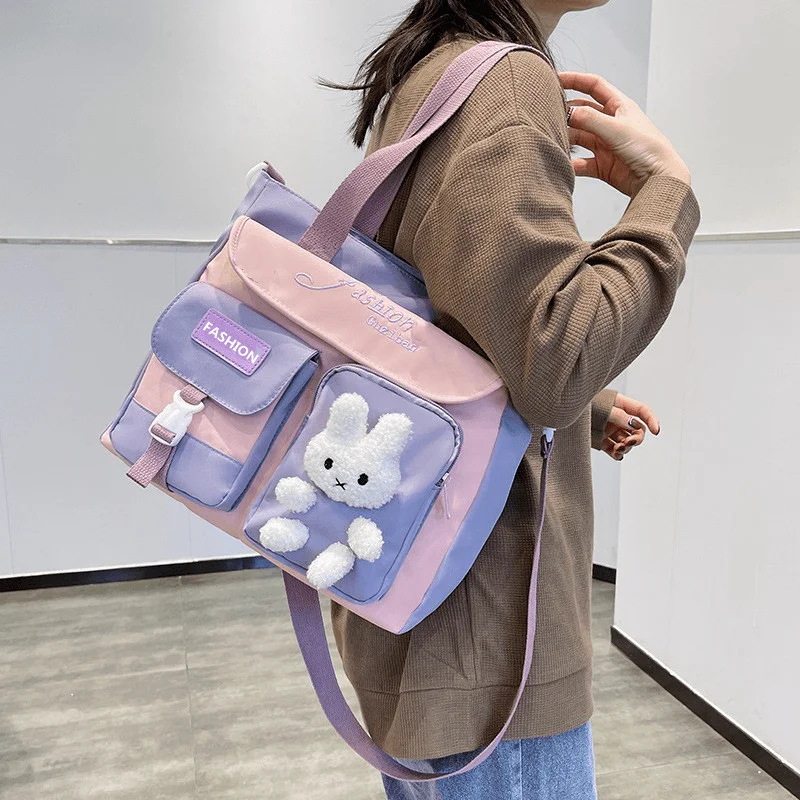 Messenger Bag With Cartoon Canvas Accent, Fashionable School Satchel, Casual Crossbody Handbag With Cute Plush Bear Decoration