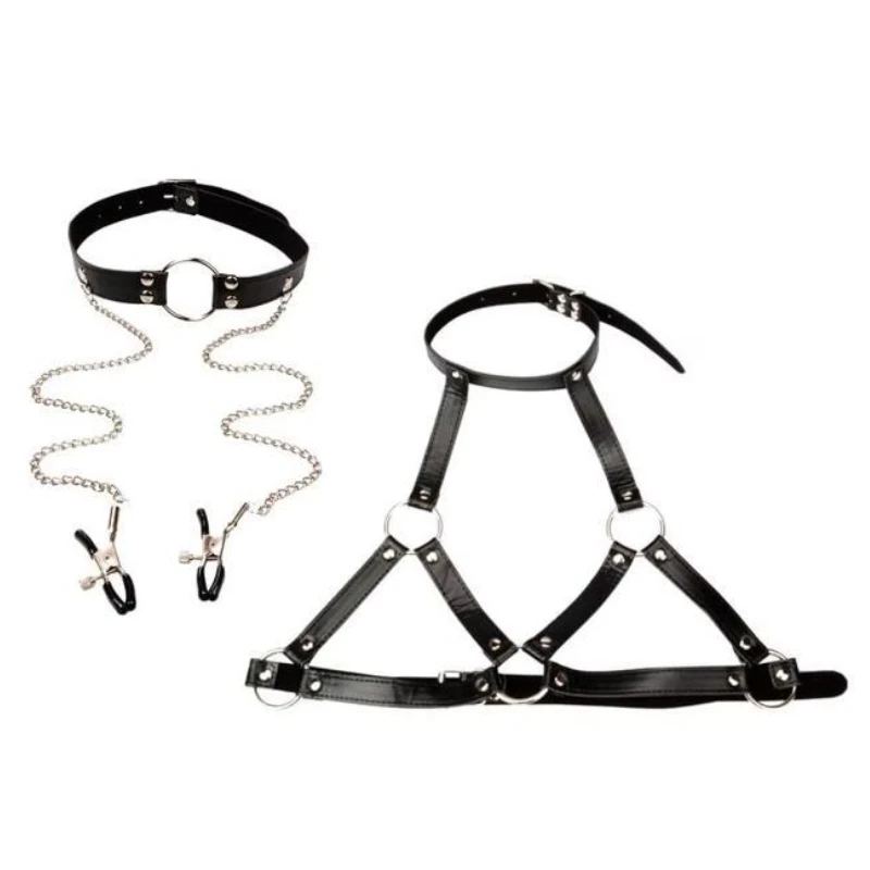 Sex Bondage Neck Collar Nipple Clamp Mouth Gag SM Toy for Women Men BDSM Chest Harness Breast Restraints Sex Game Toy