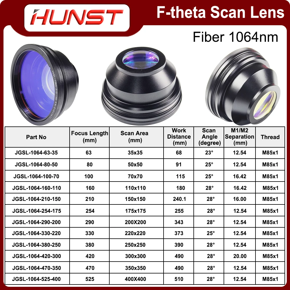 HUNST F-theta Scan Lens Mount M85x1 1064nm Field Lens 50-400mm F80-525mm do części zamiennych do maszyn do znakowania laserem światłowodowym YAG