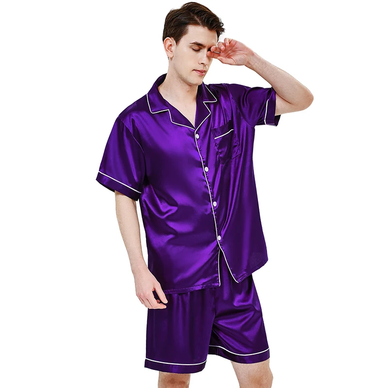 Multiple colors available for ice silk pajamas men\'s short sleeved shorts, thin summer solid color sleepwear home suit