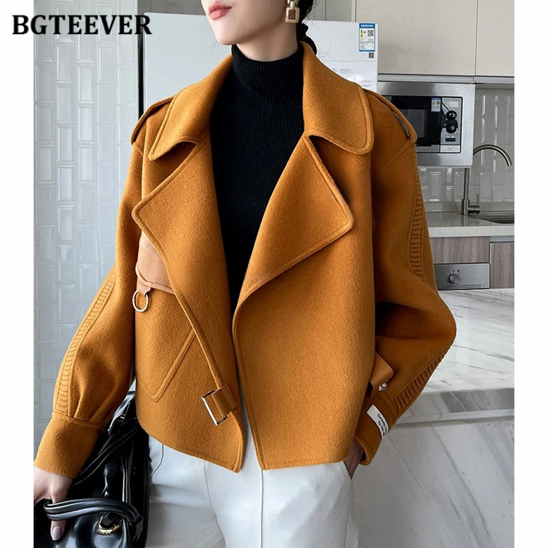 BGTEEVER Elegant Lapel Women Thicken Woolen Jackets Winter Fashion Long Sleeve Pockets Warm Loose Female Solid Blend Coats