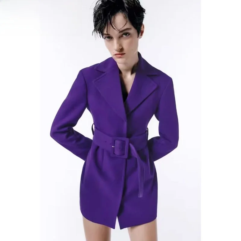

Autumn 2024 Women's Belted Suit Dr Sle New Arrival Faionable V-ne Long Sve Midi Dr Ele Woolen Coat