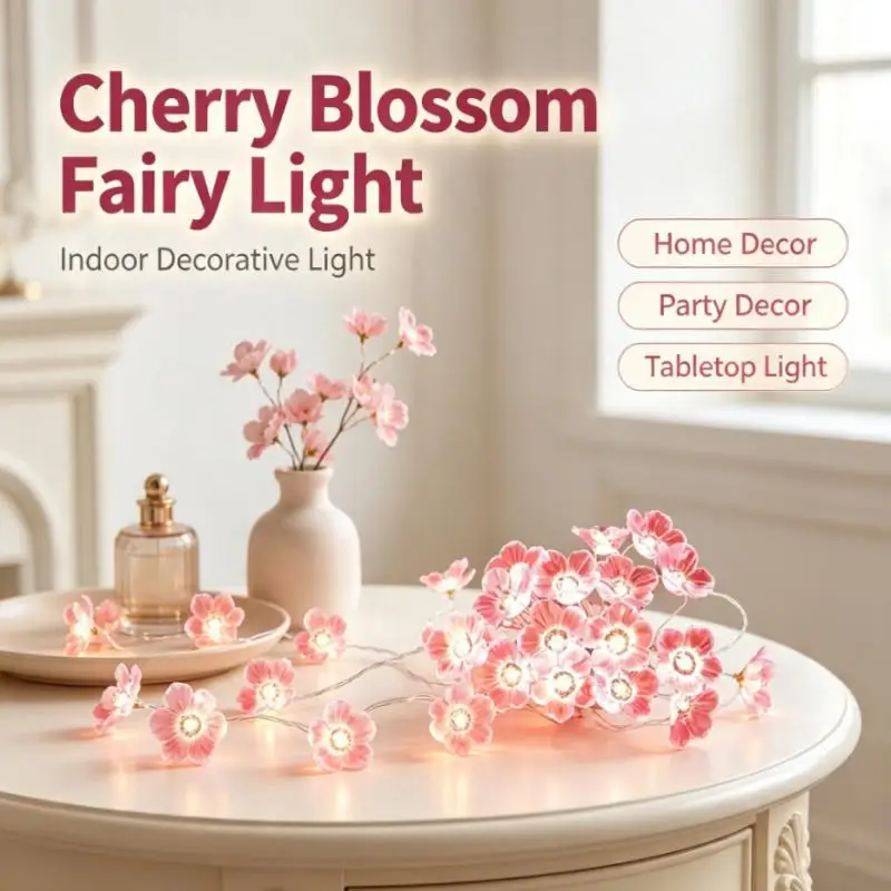 LED Cherry Blossom Fairy Lights Battery Powered Flower String, 20LED Warm Glow Indoor Decorative for Bedroom Party Wedding