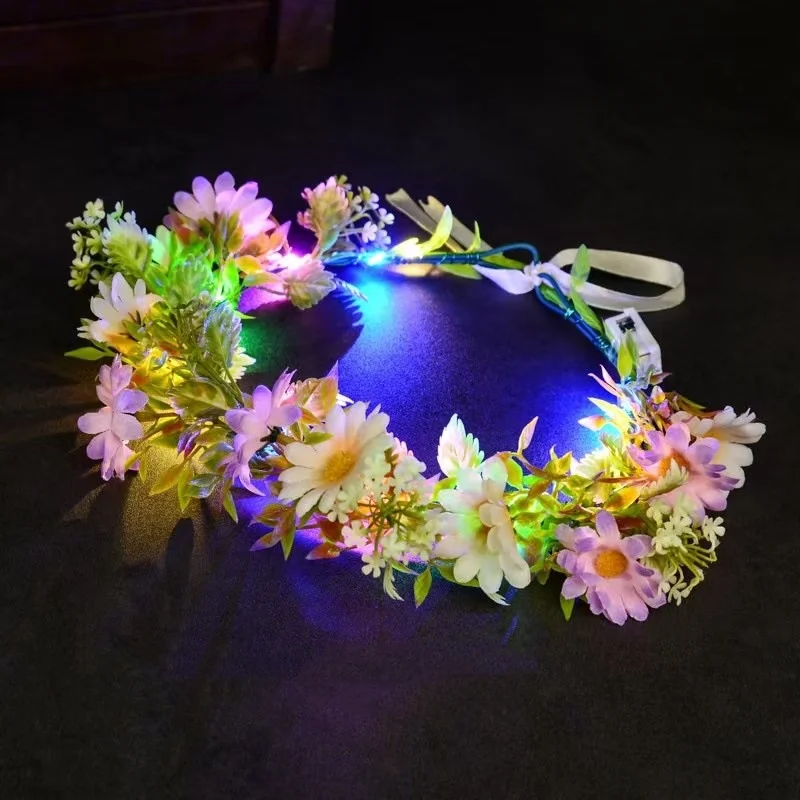 LED Light Up Flower Crown Headband Luminous Floral Wreath Headpiece for Kids Adults Wedding Party Hair Accessories Photo Props - view 3