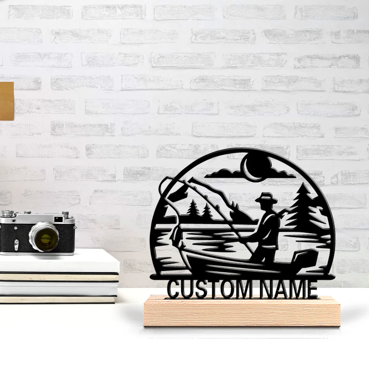 1pc Fashion fishing Custom Text Metal Statue Metal Ornament Art Figurine With Wood Base Iron Ornament For Friend Gifts