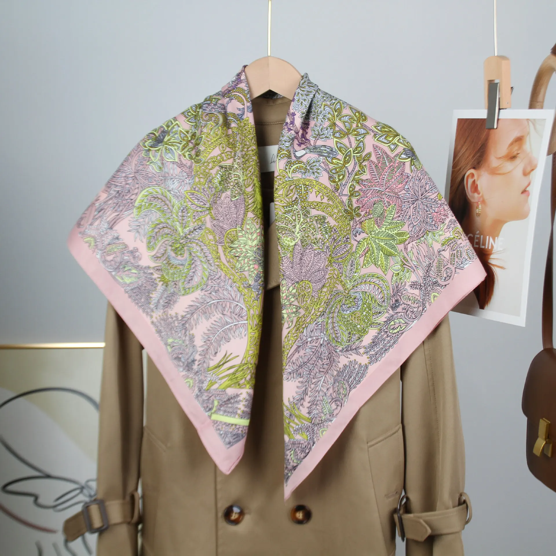 New Design Trendy Luxury Wrap Scarf, Twill Fabric Flower Print 90cm Square Scarf, High-End Silk Scarf for Women Shawl image 2