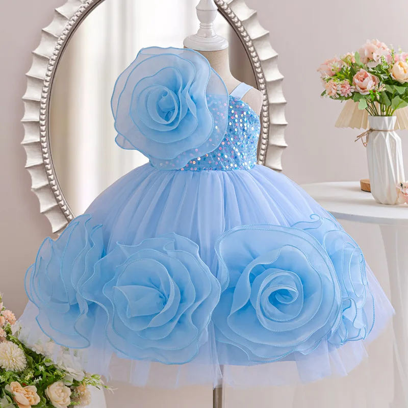 Baby Girl Rose Flower Princess Dress Mesh Blue Sequin Tulle Ball Gown Birthday Wedding Infant Toddler Puffy Tutu Big Bow Elegant