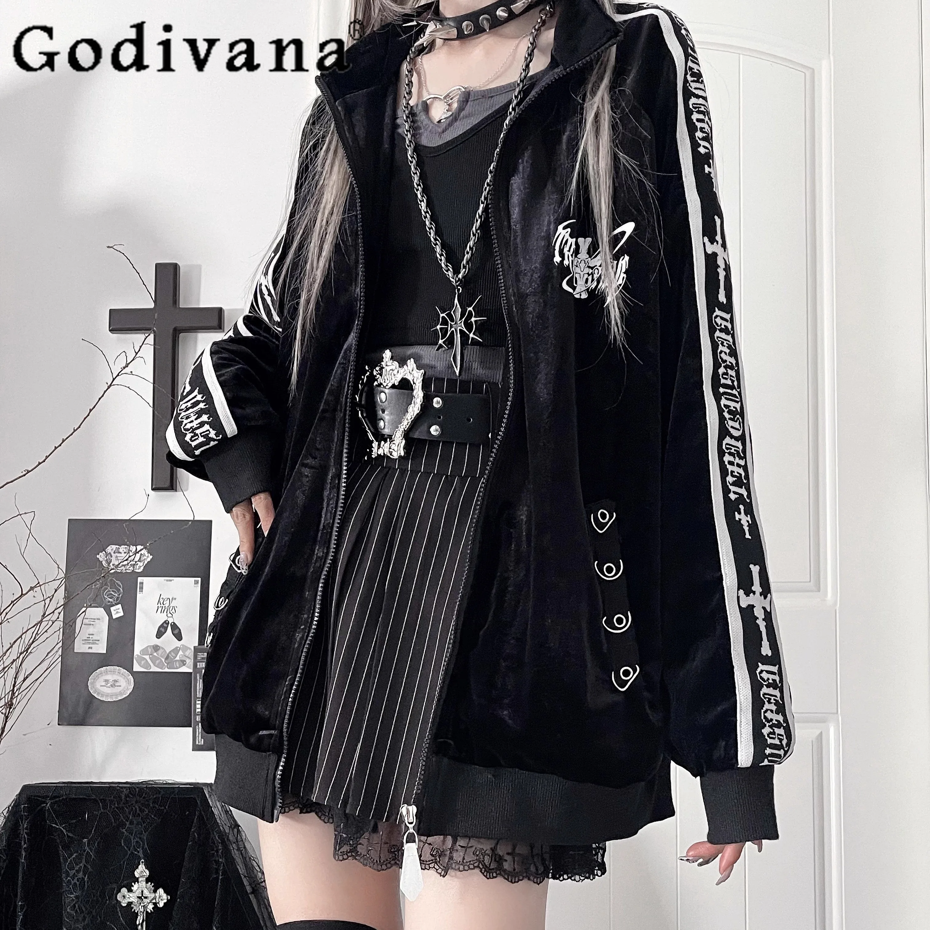 

Subculture Gothic Loose Jacket Autumn 2025 Harajuku Aesthetic Velvet Black Cardigan Coats Japanese Girl's Sweet Cool Sports Coat