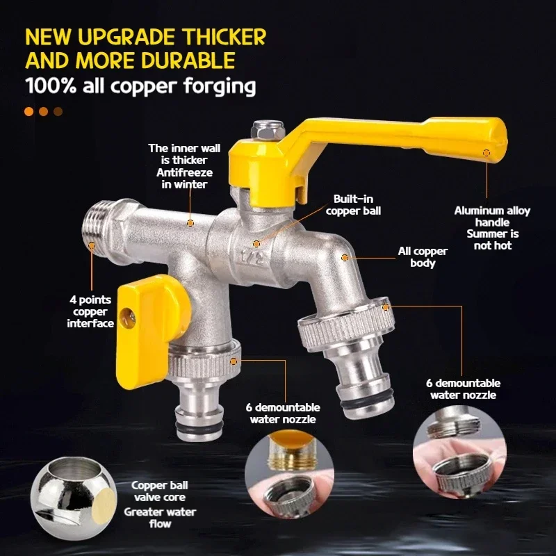 All Copper Tap Water Faucet Indoor and Outdoor One Into Two Out 4 Points Antifreeze Courtyard Garden Double Water Flower Faucet