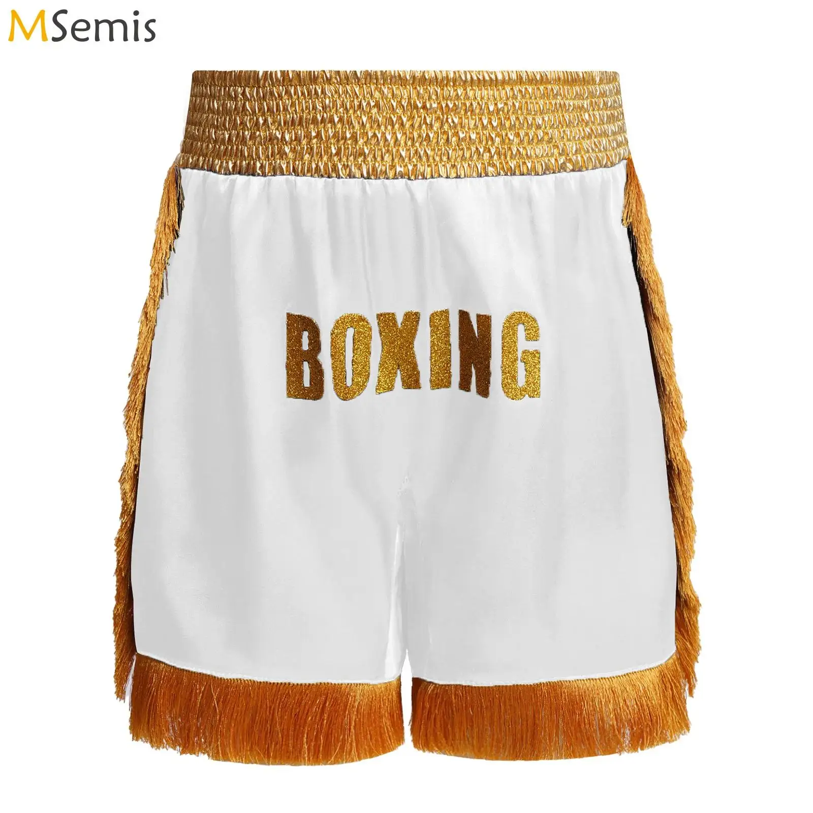 

Kids Boys Boxer Training Martial Arts Shorts Metallic Side Slit Tassels Satin Shorts Boxing Performance Theme Party Costume