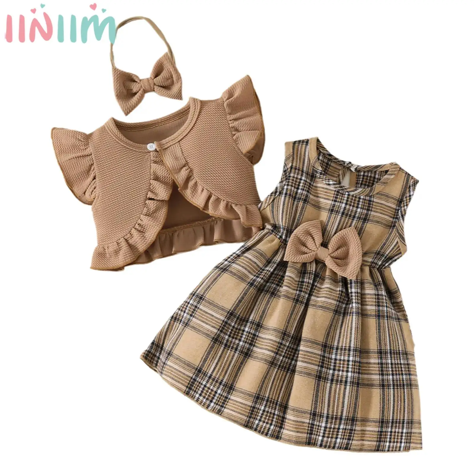 

Baby Girls Fly Sleeve Ruffled Cardigan Tops with Sleeveless Plaid Princess Dress Headband for Birthday Wedding Party Photography