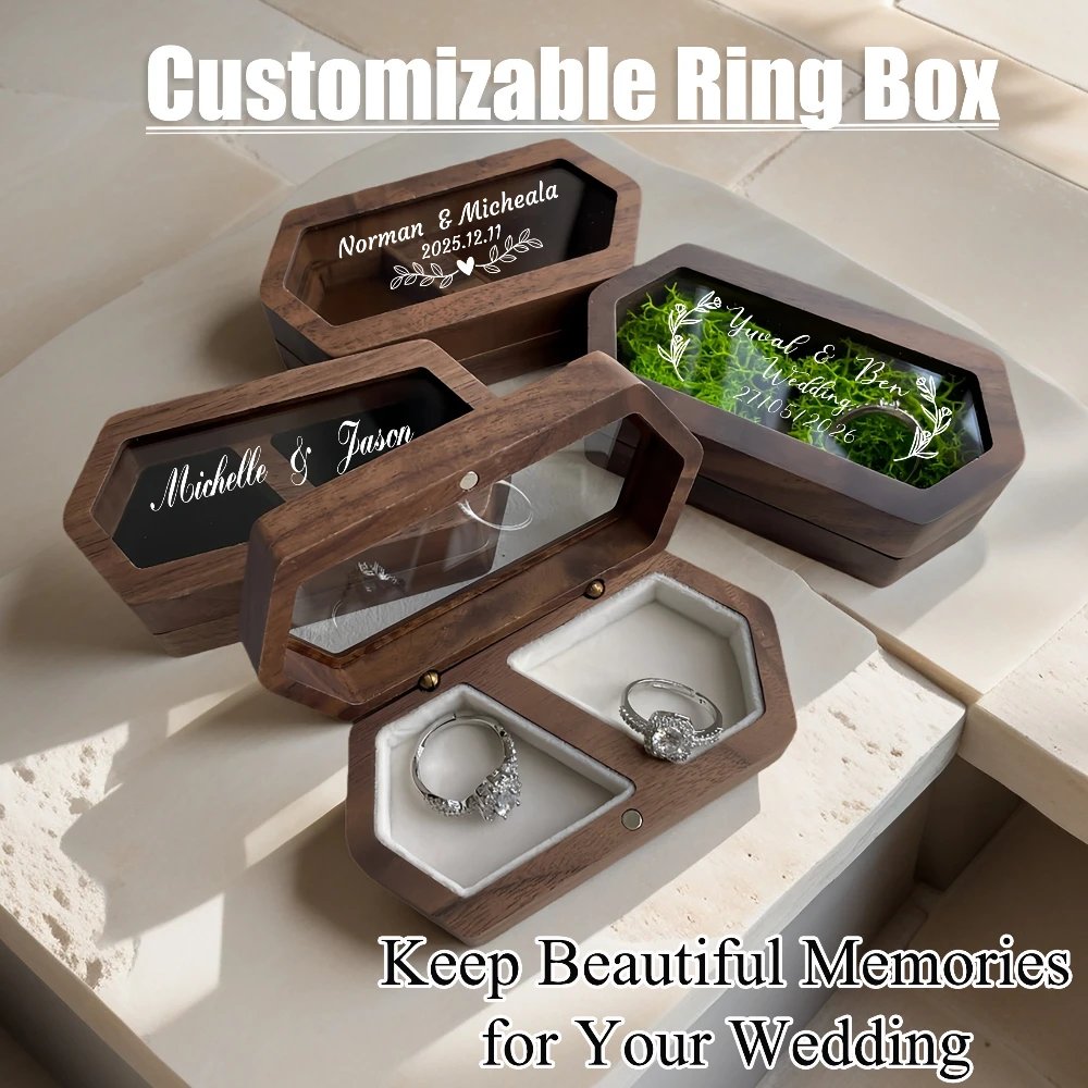 Custom Personalized Walnut Wood Ring Box Hexagonal Engraving for Proposal Engagement Wedding Ceremony Ring Holder Jewelry Box
