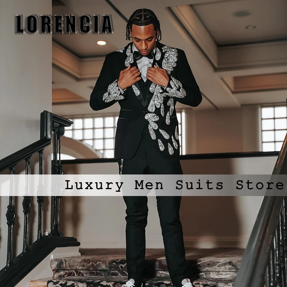 

Glitter Rhinestone Men Suit 3 Pieces Single Breasted Tuxedos Wedding Party Outfits Customized Blazer Pants Vest fatos de homem