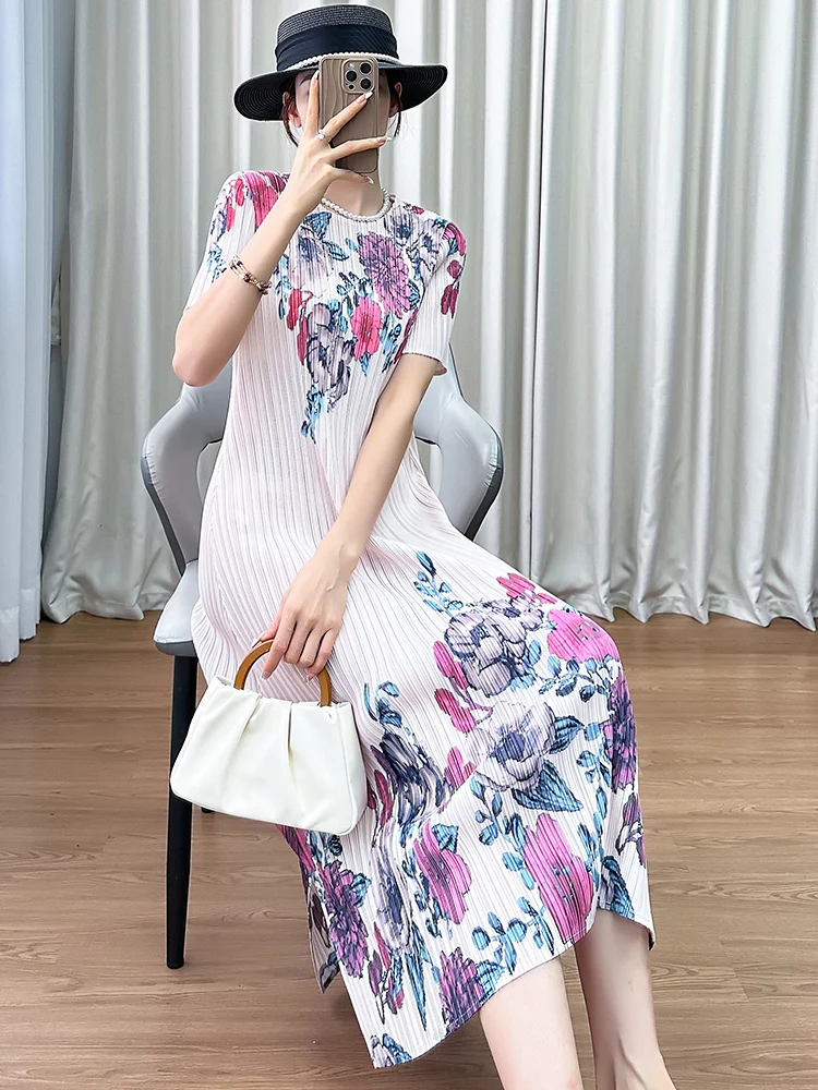 

Print Midi Dress round Neck Short Sleeve Pleated Summer New Style Qipao Chinese Style Women's Silk Top Quality Fashion ...