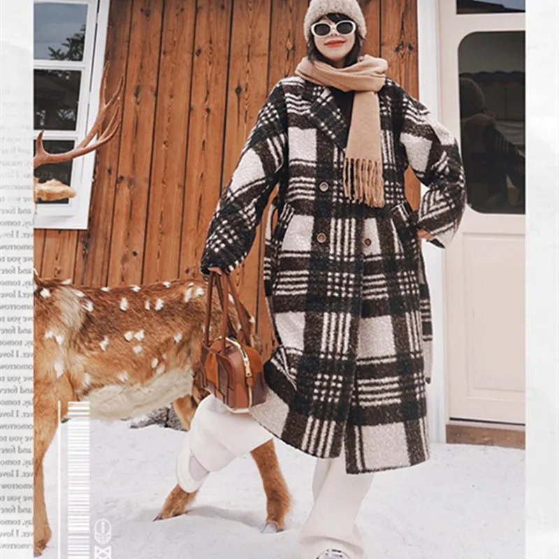 เสื้อโค้ทกันหนาวสำหรับผู้หญิง แขนยาว ความยาวครึ่งน่อง ผ้าขนแกะเทียม ลายสก็อต อุ่น หนา แฟชั่น กระดุมสองแถว
