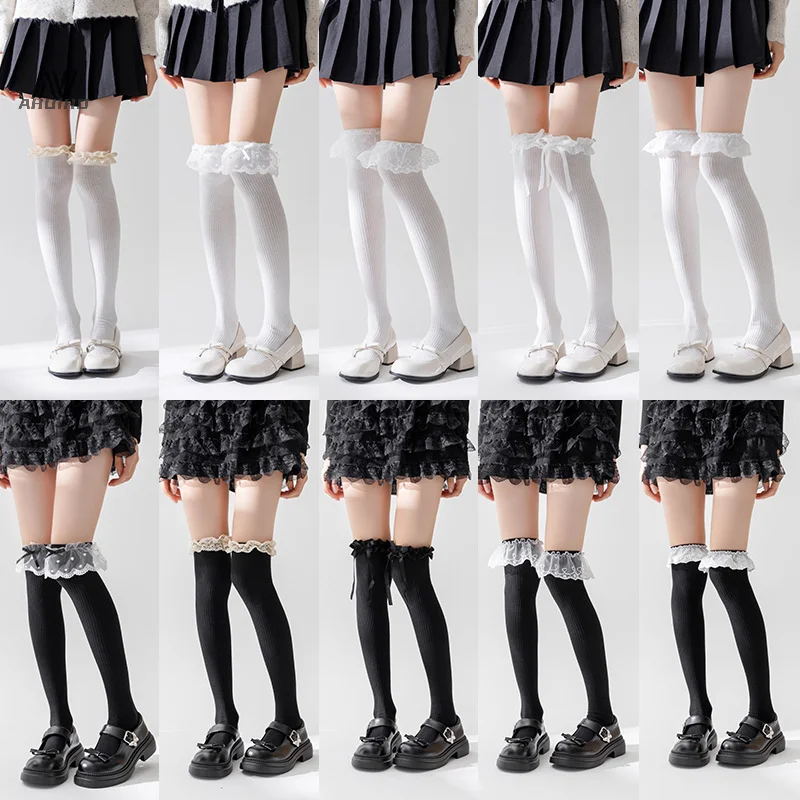 Solid Color Thigh High Lace Cute Lolita Thick Warm Stockings Black White Long Leg Socks For Women