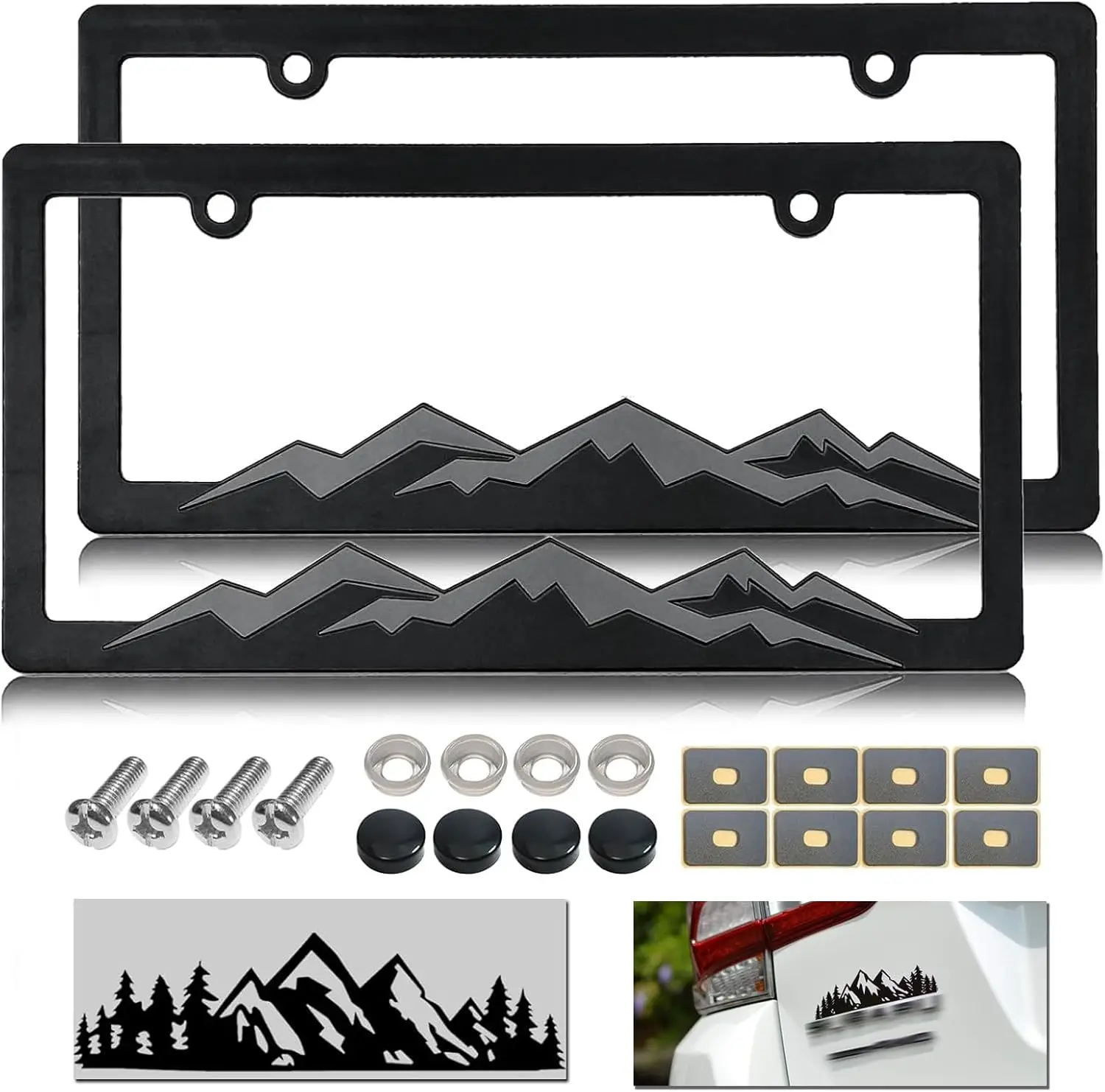 Mountain Design Car License Plate Frames, Gray on Black, 2 Pack with Screws & Caps and Vinyl Sticker