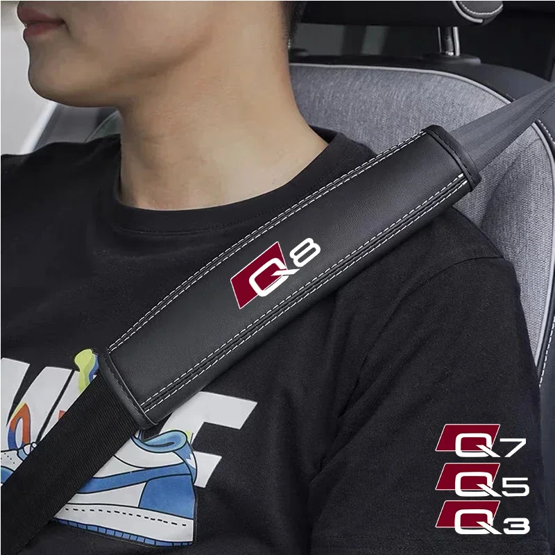 2Pcs Top Nappa Leather Car Seat Belt Shoulder Cover For Audi S Line A1 A3 A4 A5 A6 A7 A8 Q3 Q5 Q7 Q8 RS Quattro 2024 2025