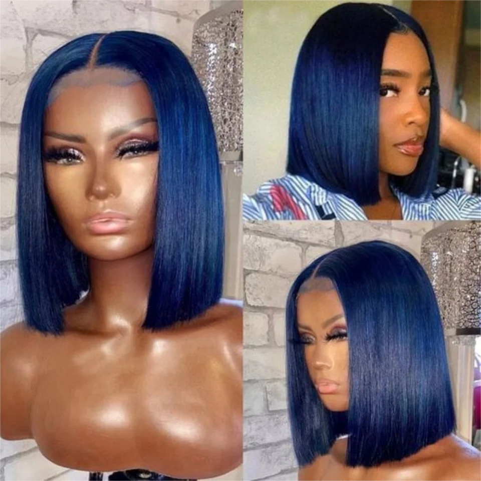 

13x4 темно-синий прямой короткий боб, высококачественный бразильский цветной парик из натуральных волос, прозрачный HD кружевной фронтальный парик для женщин