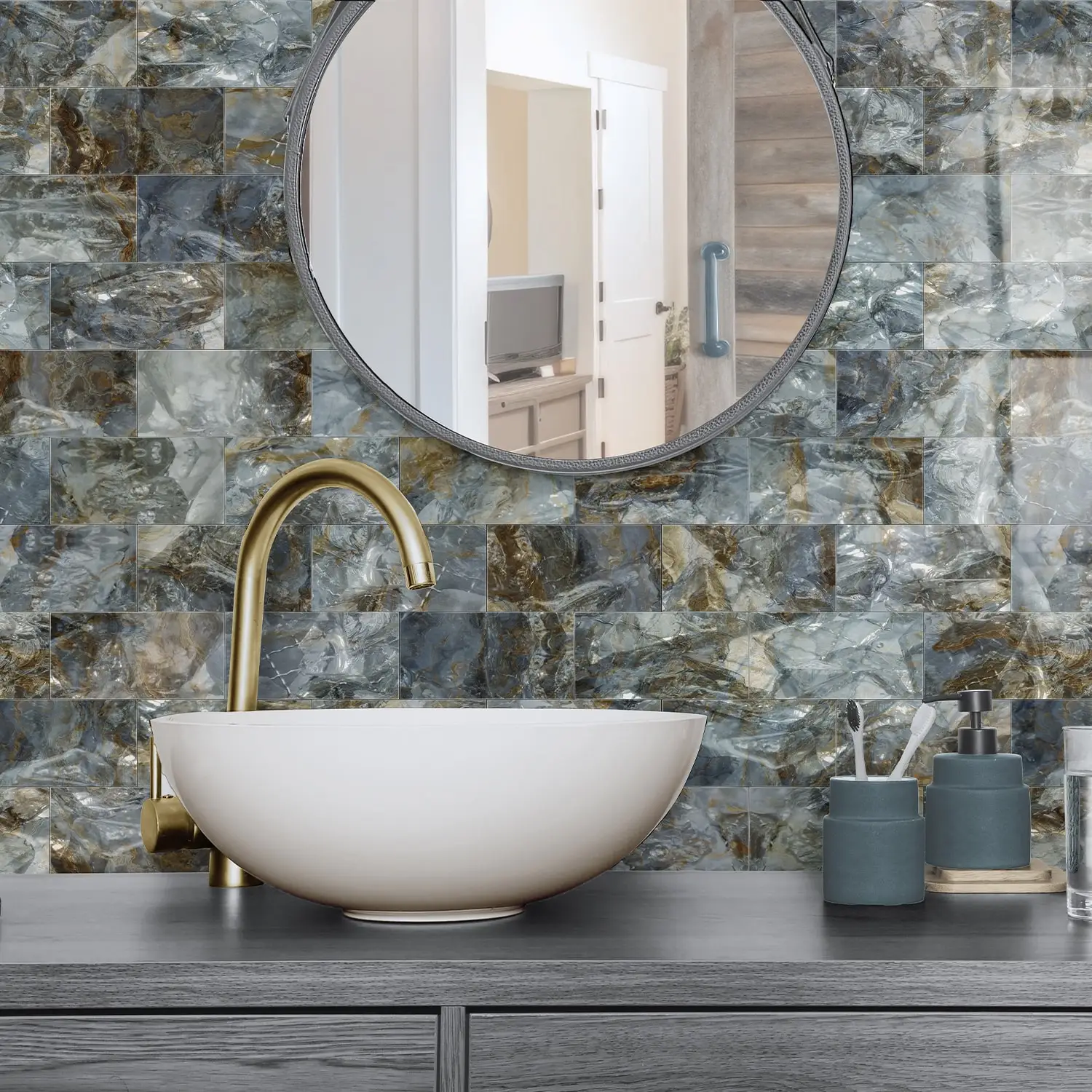 

32 шт. самоклеящихся наклеек на стену с эффектом мрамора - съемные, глянцевые, водонепроницаемые, легко устанавливаемые наклейки под плитку 10,16x20,32 см