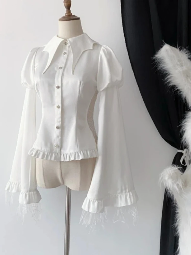 Victorian Vintage Lolita Style Shirt Long Sleeve Gothic Mesh Lantern Sleeve Slim Blouse Female Tops Women Shirt 2025 New