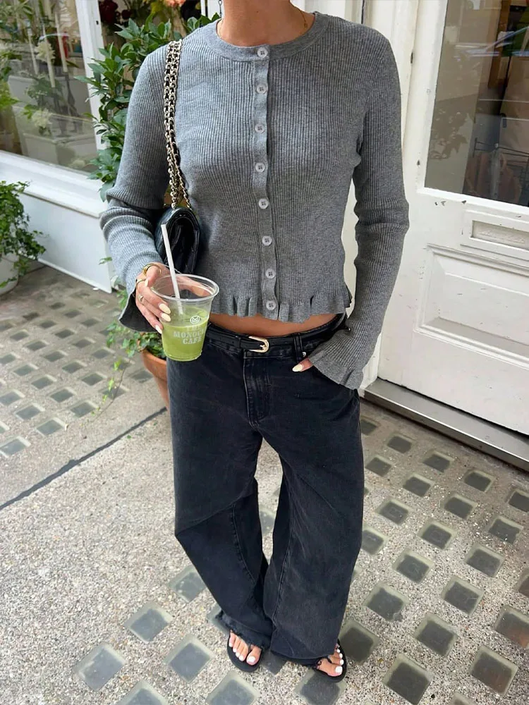 

New Korean Round Neck Button Knitted Cardigan Long Sleeve Lace Top Coat Simple Elegant Autumn Women's Clothing Grey Soft Sweater