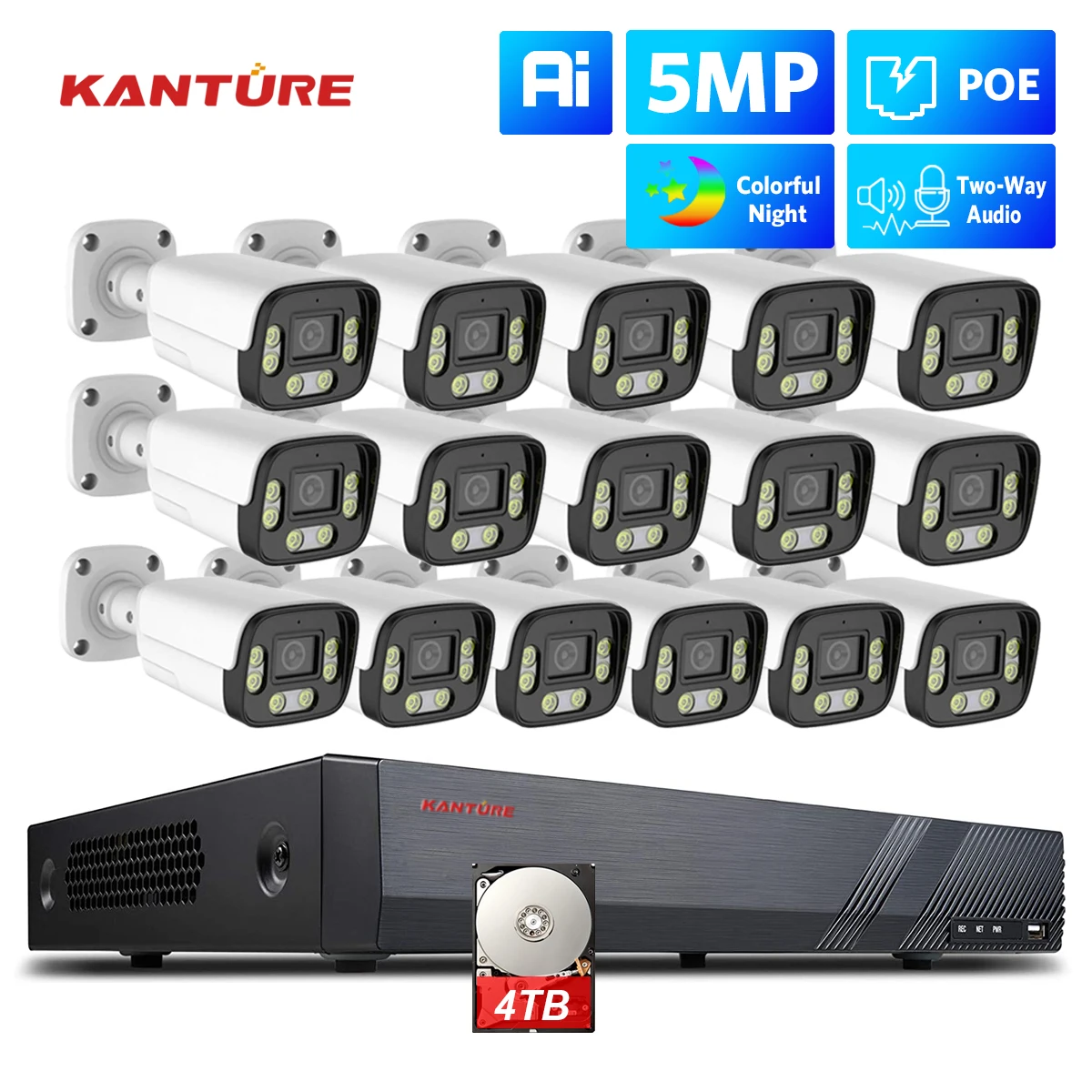 KANTURE 16CH 5MP Ai Human Detection Outdoor Two Way Audio Color Night Security Camera System Video Surveillance Kit 4K NVR XMEYE