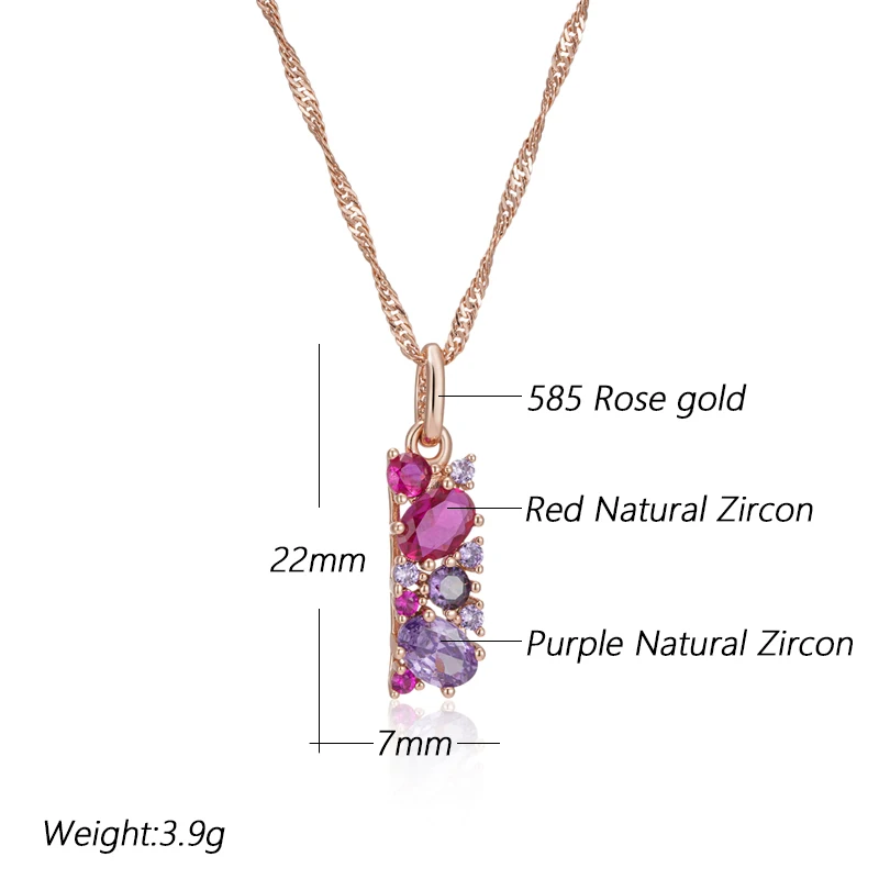 Kinel Hot Shiny Red Purple Natural Zircon Pendant Necklace for Women 585 Rose Gold Color Pendant Ethnic Daily Vintage Jewelry