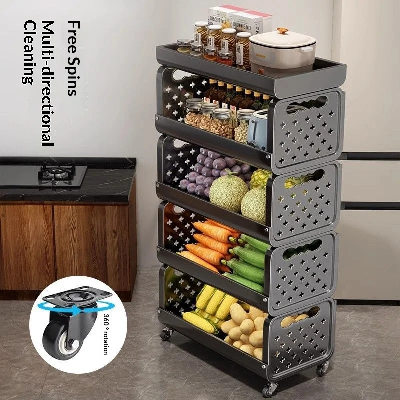 

Shelves Multi Tier Floor Standing Kitchen Storage Rack Vegetable Basket Rolling Cart Carbon Steel Plastic Side Shelf Organizer