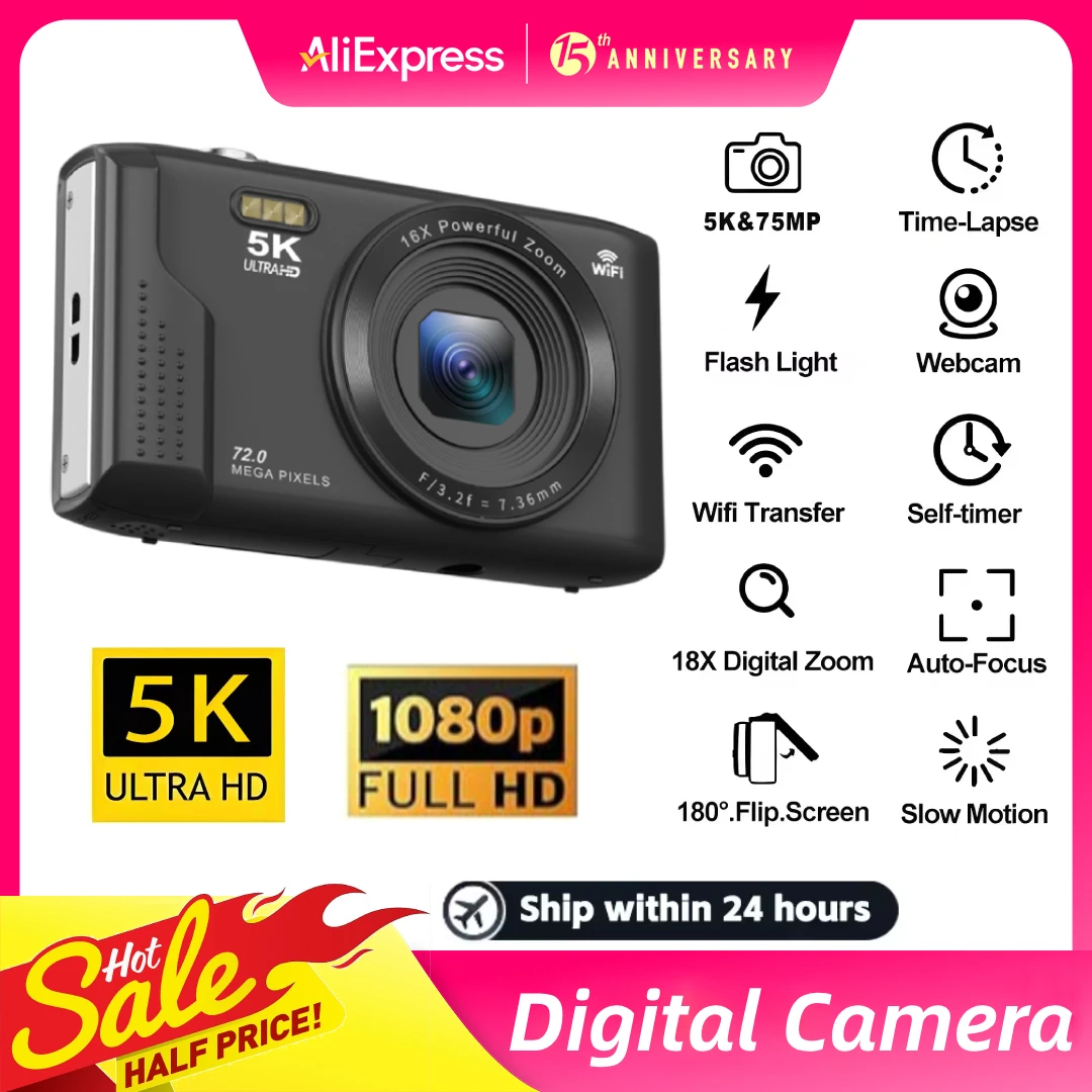 

Цифровая камера 5K Ultra-HD, 72 МП, 16-кратный зум, портативная камера для видеорегистратора с 2,8-дюймовым ЖК-экраном, карта 64 ГБ, в комплект входит для студентов/детей