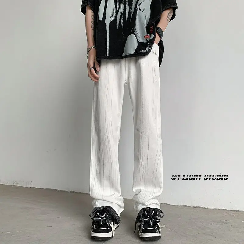 

Men Solid Color Wide Leg Jeans Pants Men Washed Denim Trousers Male Oversize Japanese Streetwear Fashion Style Casual A40