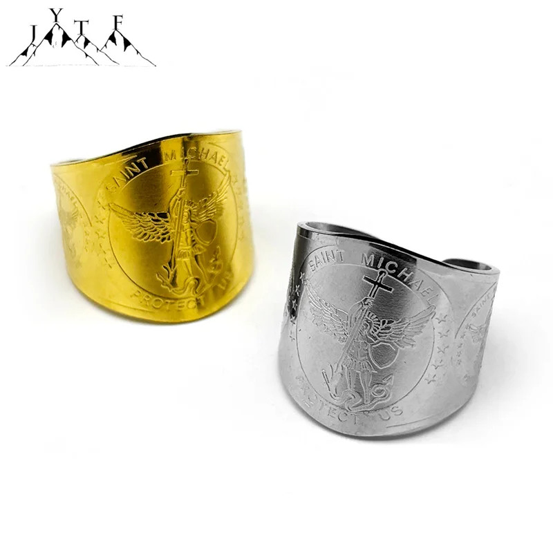 Archangel Saint Michael Protect Us Ring for Women Men Stainless Steel Gold Silver Color Adjustable Finger Rings Jewelry anillos