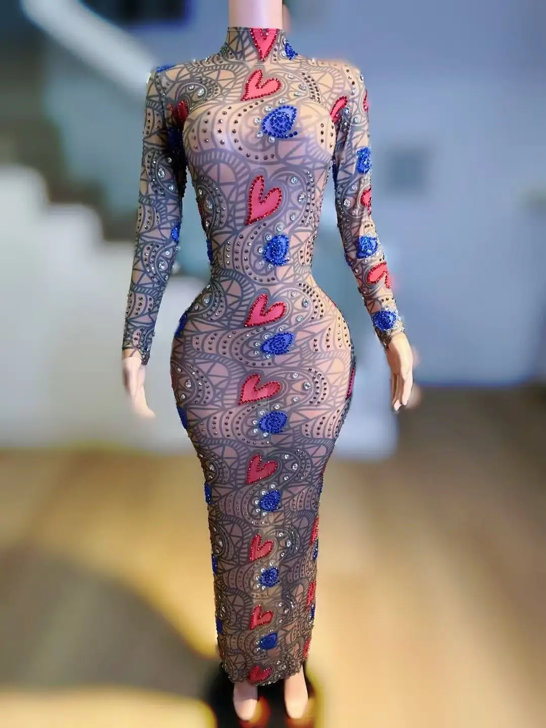 

2025 New Arrival Women Long Sleeve Sexy Shinning Rhinestones Bodycon Mesh See Through Long Dress Celebrate Nightclub Party Wear