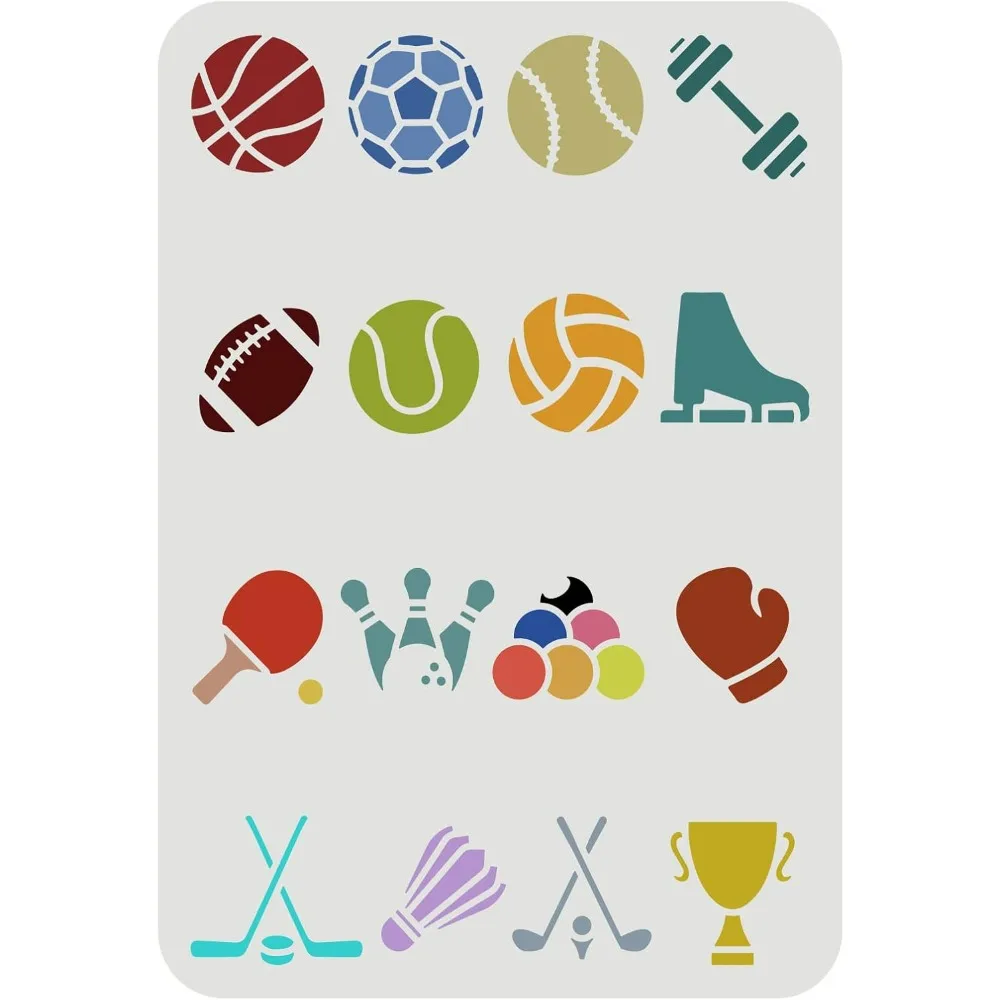 Sport-Thema-Schablonen-Vorlage, 11,7 x 8,3, verschiedene Bälle, Hanteln, Eislaufen, Boxen, Trophäen, Zeichnen, wiederverwendbare Malschablonen