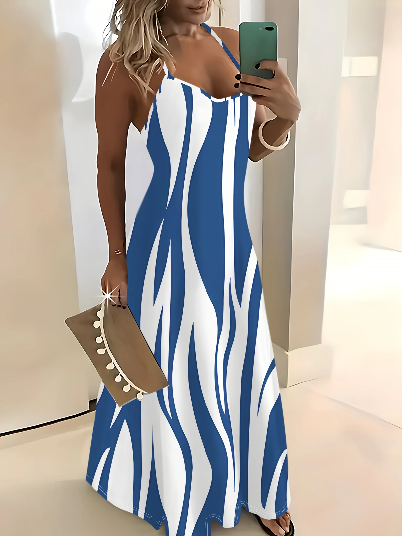 Sommer-Urlaubskleid für Damen, blau-weißes Zebrastreifenmuster, Rundhalsausschnitt, dünner Träger, Minikleid, lässig, Strandparty