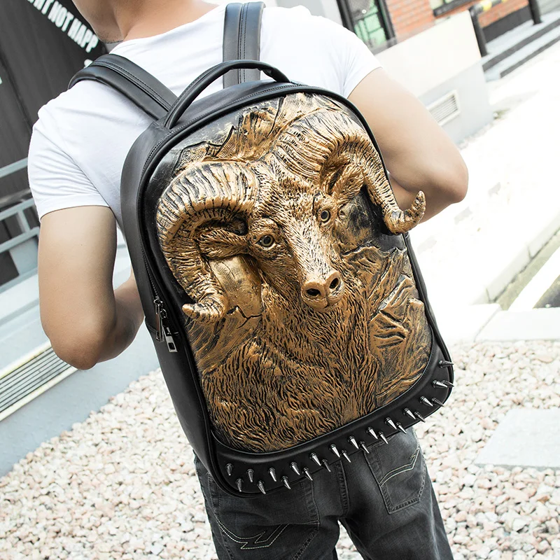 3D Antelope Embossed Punk Rock Gothic Backpack Rivet Satchel Man Women School Backpack Halloween Cool Laptop Travel Soft Bags