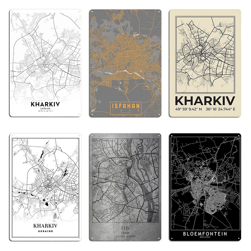 Kharkiv Map Black Gold Metal Sign Club Retro Club Bar Plates Kharkiv Tin Sign Poster