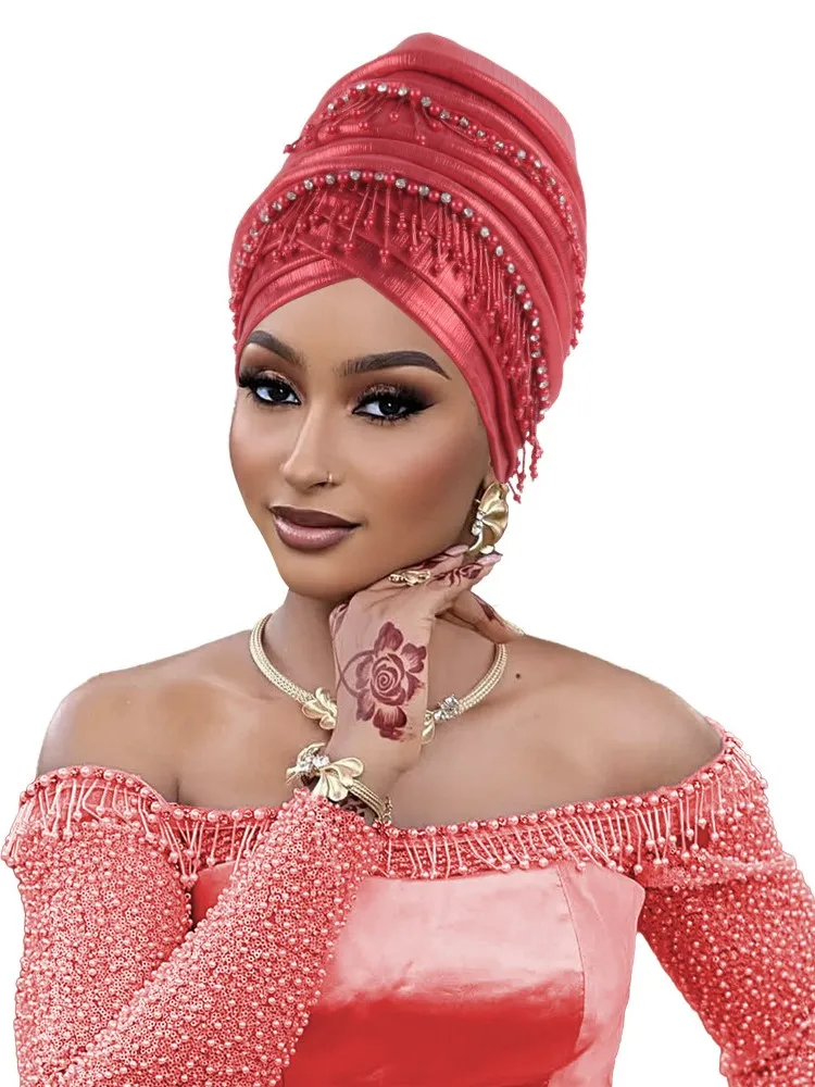 بريق كامل الجسم مطوي قبعة عمامة للنساء 2025 سيدة أشرطة رأس حجاب إسلامي قبعة Turbante Mujer غطاء الرأس الأفريقي