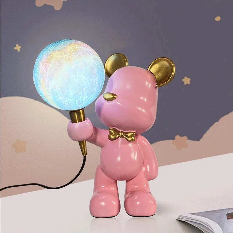 Moon Bear Table Lamp Resin Night Light Desktop Indoor Lighting Bedroom Living Room Decor Christmas Holiday Gifts Led Desk Lamps