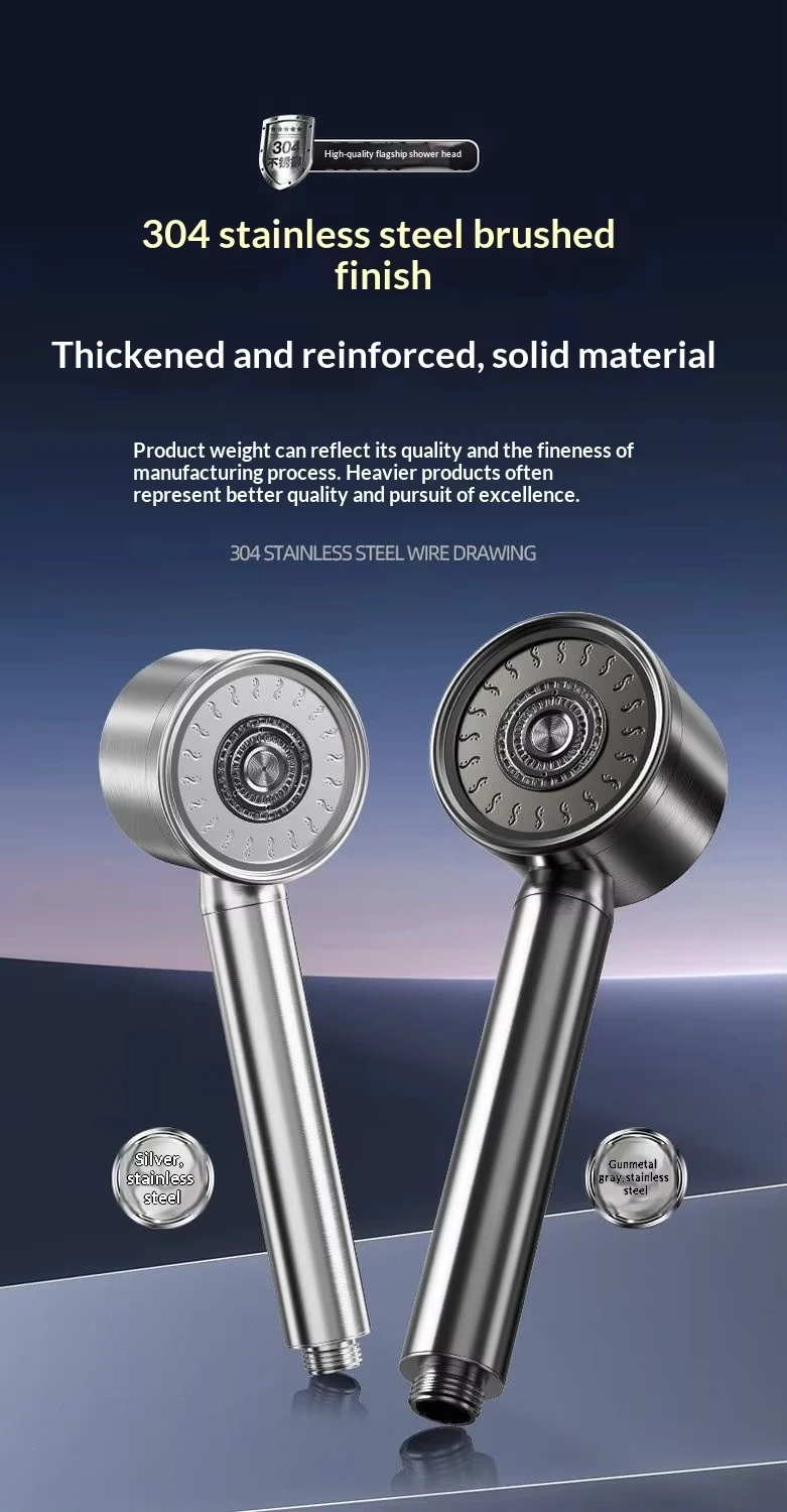 304 Stainless Steel High Pressure Filter Shower Head 3-Speed Large Flow Showerhead Shatter-Resistant Detachable for Bathroom