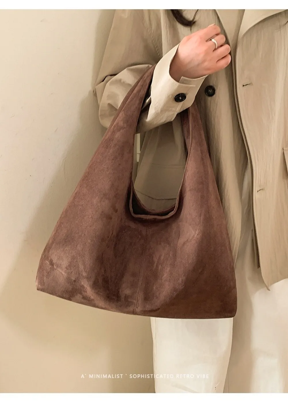 Lässige Retro-Damen-Schultertasche aus Wildleder mit großem Fassungsvermögen, einfarbige Shopper-Tasche – Detail 13