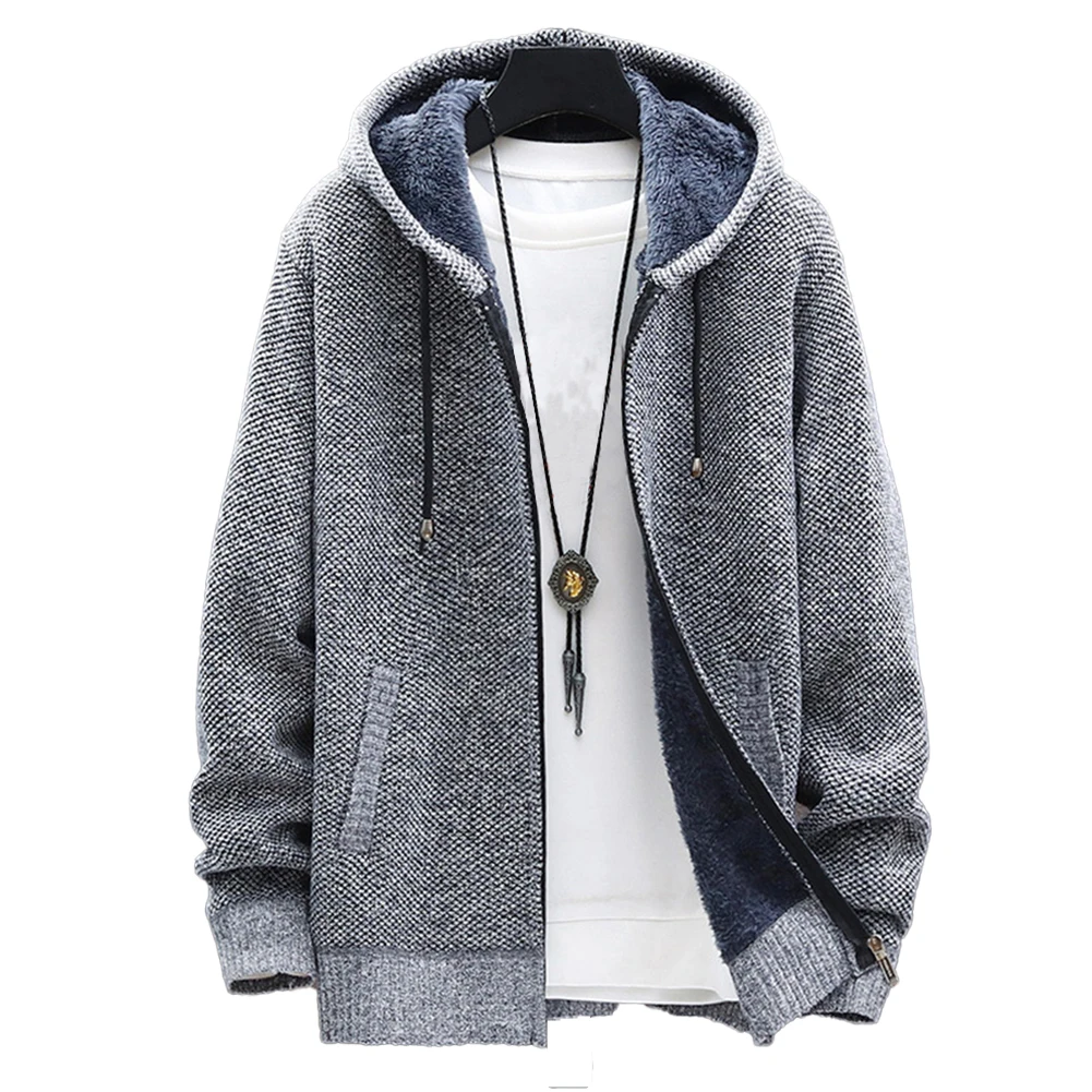 Uomo autunno inverno caldo maglione lavorato a maglia cardigan con cappuccio cappotto giacca felpa spessa foderata in pile manica lunga