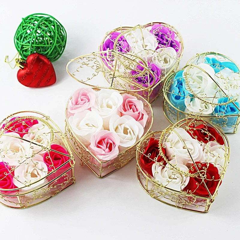 6pcs Head Rose Flower Handmade Soap Heart Shaped Box Mothers Day Gift Soap Flower Decoration Valentines Day Gift 8 марта подар