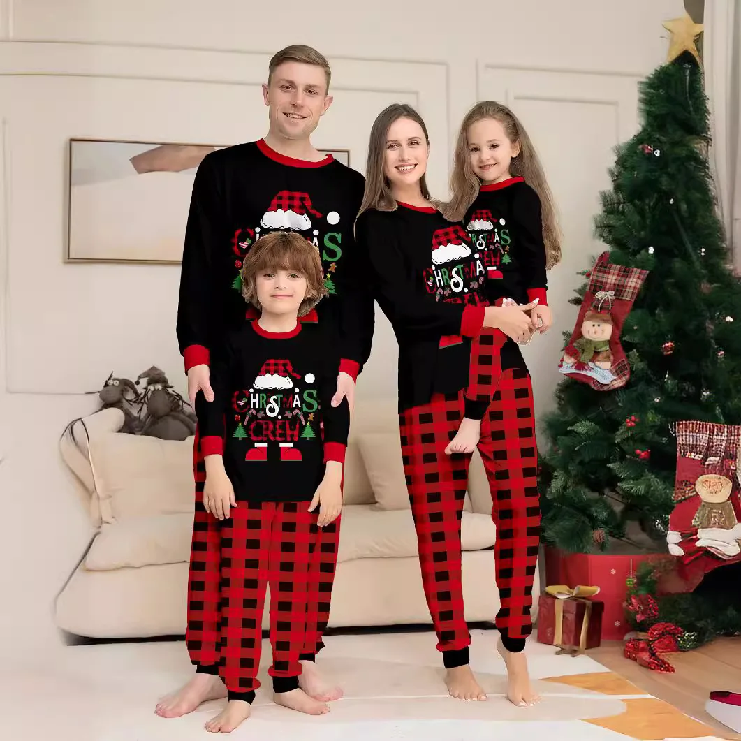 

Family Matching Christmas Pajamas Set with Plaid, Santa & "CHRISTMAS CREW" Print, 2025 New Cozy Casual Xmas Loungewear